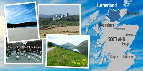 Map showing the location of Sutherland in Scotland alongside some scenic photographs